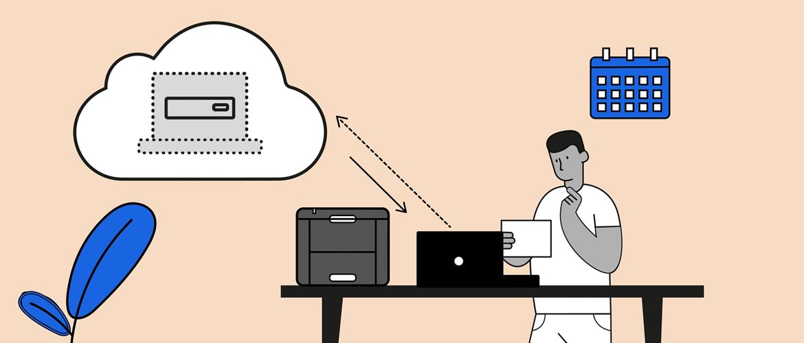 Illustration eines Mannes, der vor einem Schreibtisch steht, auf dem ein Laptop und ein Drucker steht.